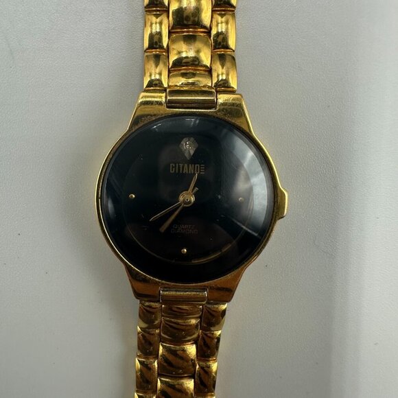 3/$30 Vintage Gitano Watch Women Gold Tone Black Dial Diamond Accent  7" - Picture 3 of 14